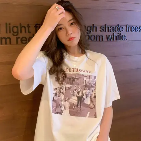 网红大版短袖t恤女夏2020宽松韩版原宿风半袖ins超火纯棉上衣服潮图片