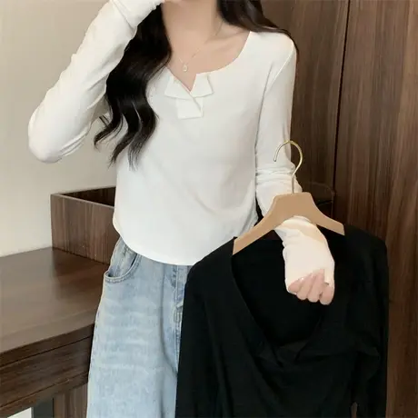 辣妹V领长袖正肩打底衫修身T恤女秋季小众短款内搭不规则黑色上衣商品大图