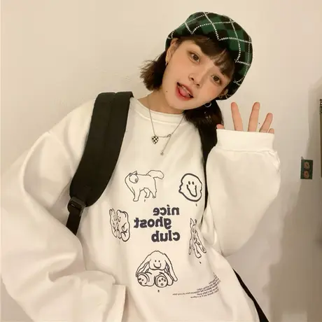 红续卡通加绒加厚白色圆领卫衣女日系ins风宽松长袖外套秋冬新款商品大图