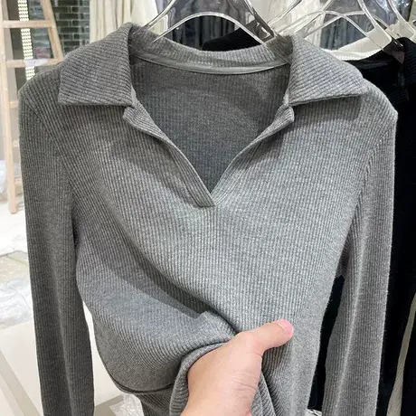 高端欧货翻领针织打底衫女秋冬内搭显瘦长袖t恤ins修身洋气上衣服商品大图
