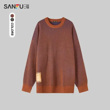 三福2023冬男士潮流竖条织唛大廓形毛衣 宽松圆领上衣男476194商品大图