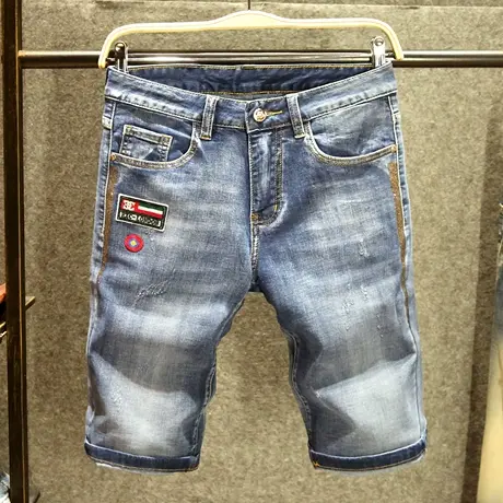 蓝色猫须短裤男修身弹力马裤高层次侧边镶钻设计五分牛仔中裤薄款图片