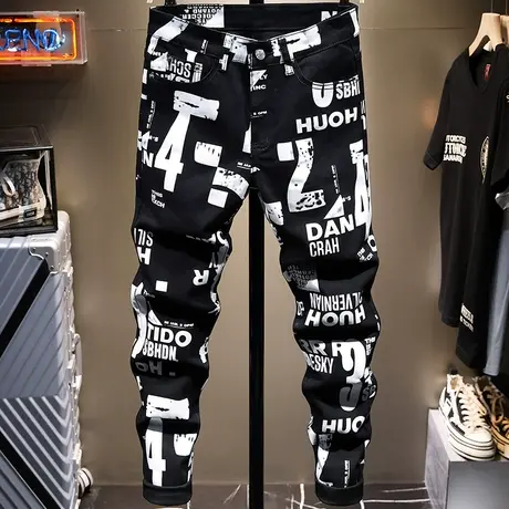 夏季薄款时尚潮牌印花牛仔裤男欧美韩版潮流男士长裤子男百搭弹性商品大图