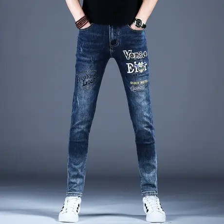 2023轻奢潮牌印花撞色牛仔裤男款修身小脚高档潮流裤子男弹力百搭商品大图