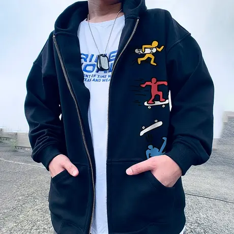 oversize潮牌胖子男装加绒拉链连帽外套夹克加肥加大码开衫卫衣潮商品大图