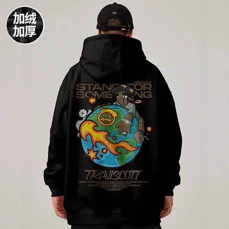 美式潮牌高街大码男装加肥加大连帽卫衣男外套加绒加厚秋冬款潮流商品大图