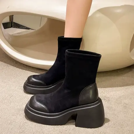 欧洲站2023年秋季厚底增高弹力靴女百搭休闲瘦瘦靴复古粗跟短靴潮图片