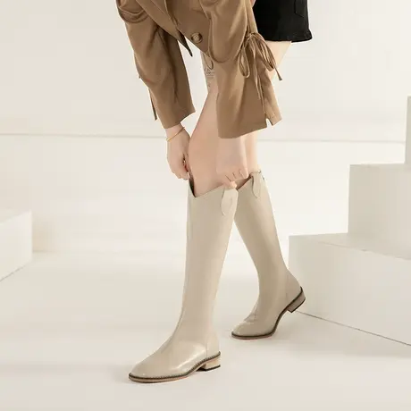 长筒靴子女粗跟骑士靴2023年新款加绒高跟西部牛仔不过膝瘦瘦长靴图片