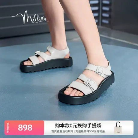 妙丽凉鞋2025夏季新款真皮厚底休闲时尚舒适女外穿凉拖鞋JL220BL4商品大图
