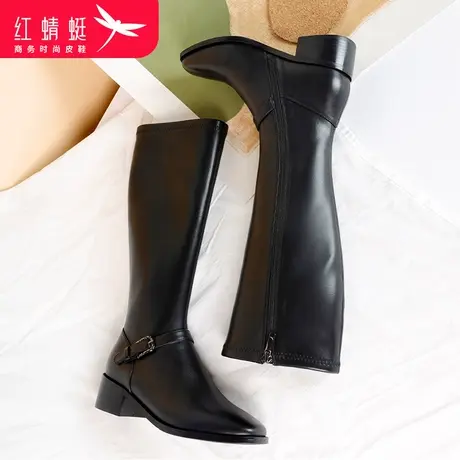 红蜻蜓2023冬季新款真皮时尚潮流百搭长筒女靴加绒舒适保暖女棉靴图片