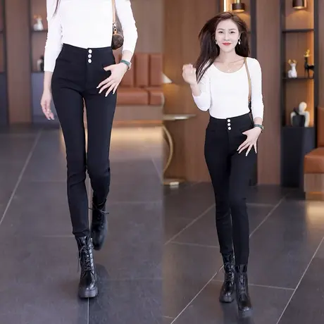 高腰弹力牛仔紧身裤女秋冬显瘦排扣外穿打底裤中年修身加绒铅笔裤图片