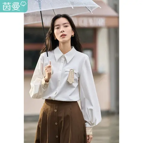 茵曼2022春女装新款文艺百搭可拆卸格子撞色领带白衬衫长袖衬衣女图片