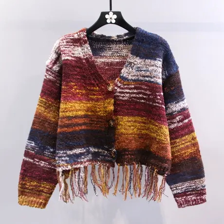 复古撞色条纹毛衣外套女秋冬2023新款宽松设计感短款流苏针织开衫商品大图