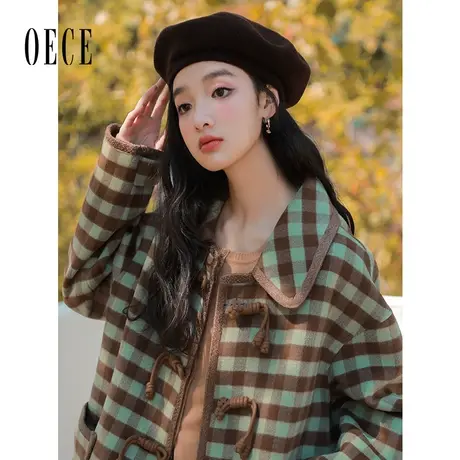 Oece复古格纹呢大衣冬季新款女装高级感气质减龄毛呢外套女图片