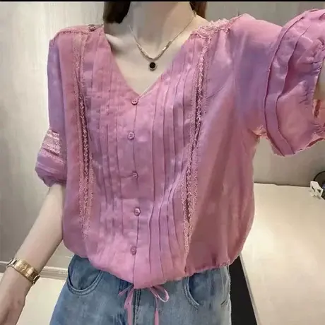 短袖衬衫女夏法式时尚洋气抽绳压褶蕾丝镂空V领小衫别致抽绳上衣商品大图