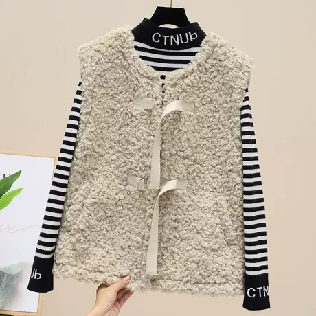 羊羔毛皮毛一体马甲女欧洲站2023秋冬新款系带显瘦颗粒绒马夹坎肩商品大图