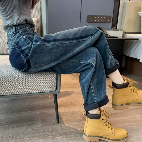 加绒老爹牛仔裤女2023年秋冬新款高腰直筒宽松小个子九分哈伦裤子商品大图