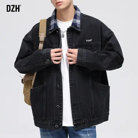男士假两件牛仔外套男秋季潮牌工装翻领夹克2023新款帅气男装褂子图片