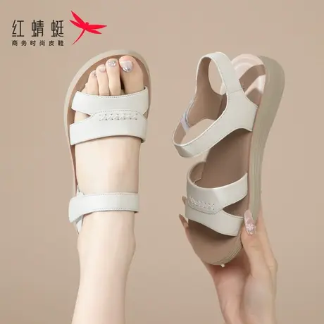 红蜻蜓女鞋女士平底凉鞋女款2025新款夏季软底真皮外穿妈妈不累脚商品大图
