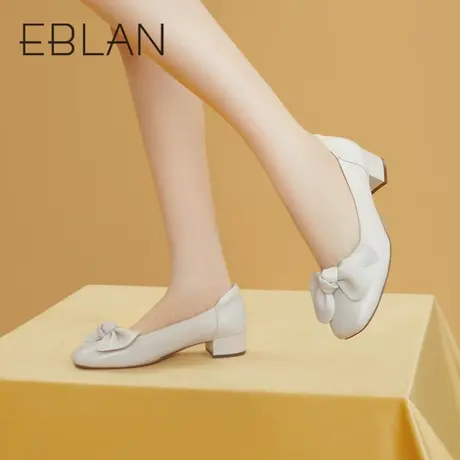 伊伴2023春季新品女鞋法式粗跟四季单鞋蝴蝶结方头羊皮仙女晚晚鞋商品大图