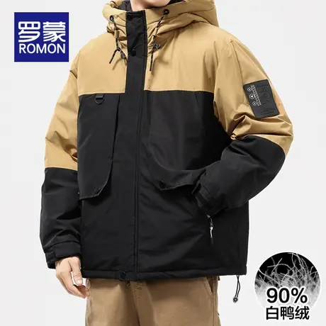 罗蒙工装连帽羽绒服男士冬季加绒加厚2025新款青少年轻薄冬装外套商品大图