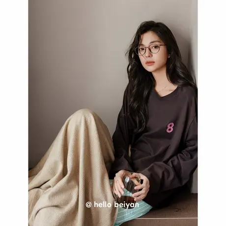 贝妍柔软莫代尔棉睡衣女春秋新款长袖条纹长裤套装休闲大码家居服商品大图