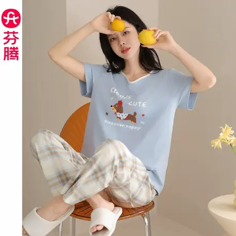 芬腾纯棉睡衣女款夏季短袖长裤薄款可爱2025新款可外穿家居服套装商品大图