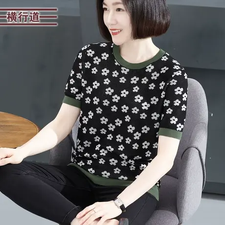 针织短袖女夏季圆领花朵撞色宽松大码上衣2023夏装新款半袖打底衫图片