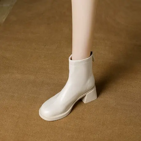 永希法式粗跟小短靴2023年春秋季百搭马丁靴配裙子中跟时尚瘦瘦靴图片
