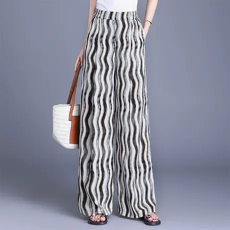 时尚休闲阔腿裤女2025夏季新款高腰宽松气质波浪纹长裤遮肉宽腿裤商品大图