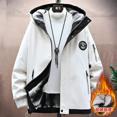 加绒加厚外套男秋冬季2023新款短款连帽夹克青少年棉衣男士派克服商品大图