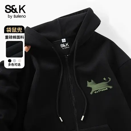 班尼路S&K黑色男士卫衣2025秋季经典款百搭连帽外套休闲宽松上装图片