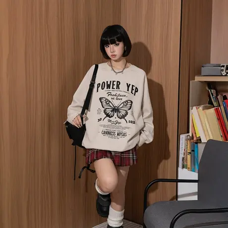 YEP复古蝴蝶印花圆领卫衣女春秋2025新款潮牌插肩袖宽松套头上衣商品大图