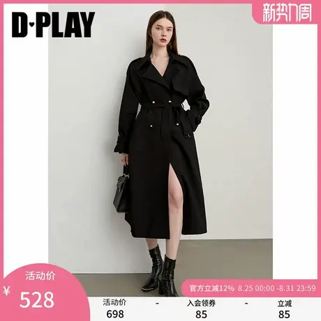 DPLAY2025年秋季新款黑色风衣外套女宽松气质翻领插肩袖长款大衣商品大图