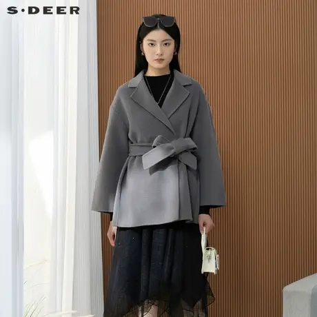 sdeer圣迪奥女装西装领收腰短款毛呢大衣S224Z2607商品大图