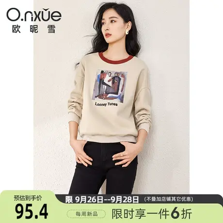 欧昵雪2023冬季新款休闲圆领加绒加厚烫图卫衣女长袖个性套头上衣图片