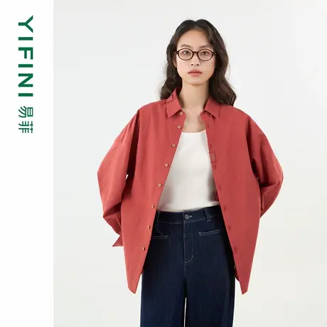 [专柜同款]Yifini/易菲2025秋季新款男女同款宽松木棉麻平纹衬衫商品大图