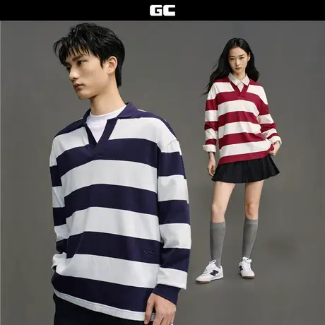 GC2025秋冬男女同款纯棉刺绣V字翻领长袖撞色横条POLO衫12015001商品大图