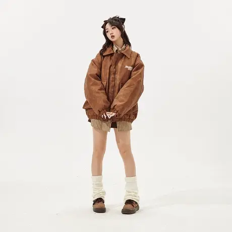 复古PU皮棉服女加厚冬季工装美拉德外套2023宽松棉袄街头潮牌棉衣图片