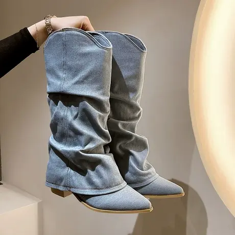 长靴女尖头高跟西部牛仔靴复古蓝色粗跟大筒围裤管靴骑士高筒靴子商品大图
