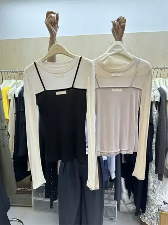 韩版2023秋季新款简约气质拼色假两件吊带修身长袖T恤女上衣服潮商品大图