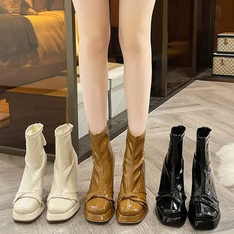 时尚韩系小踝靴法式高跟鞋2023年新款短靴子女秋冬季网红瘦瘦靴潮图片