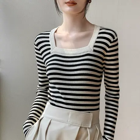 韩版方领撞色拼接条纹针织衫2023早秋新品修身减龄西装内搭打底衫商品大图
