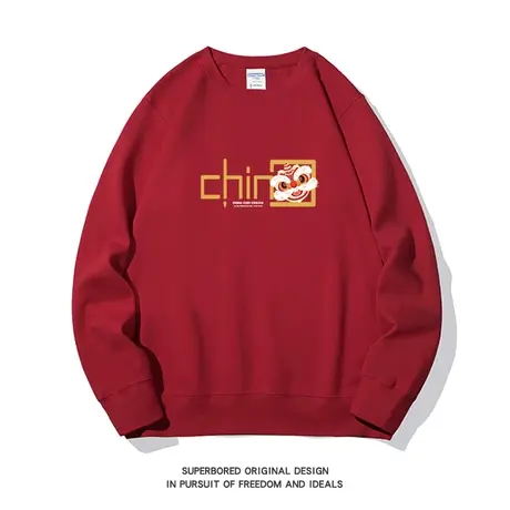 国潮酒红色圆领宽松长袖上衣2023新款春秋季中国醒狮印花卫衣男商品大图