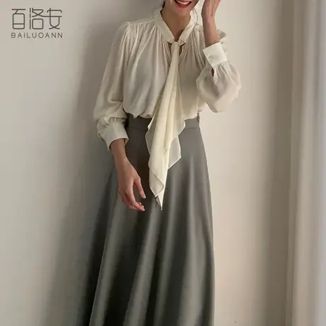 百洛安优雅知性通勤衬衫女秋新款法式飘带领宽松百搭长袖衬衣上衣图片