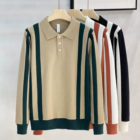 高级感条纹polo翻领针织衫男套头2023秋冬季新款复古毛衫外套上衣商品大图