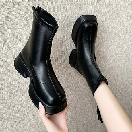 厚底马丁靴女英伦风2022年新款春秋单靴ins潮小个子方头显瘦短靴图片