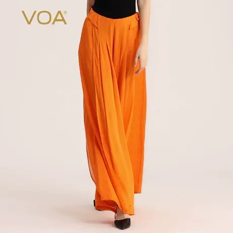 VOA真丝提花快乐橙子自然腰隐形拉链褶皱拼接宽松桑蚕丝阔腿长裤图片