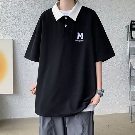 撞色刺绣设计感polo衫港风短袖男夏季五分袖oversize宽松翻领t恤商品大图