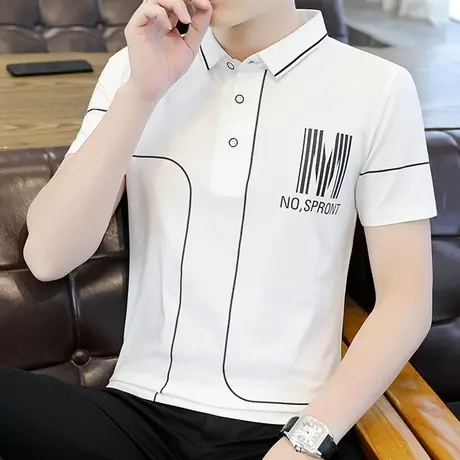 2023年夏装新款polo衫 潮流修身衬衫领条纹纯棉半截袖男士短袖t恤商品大图